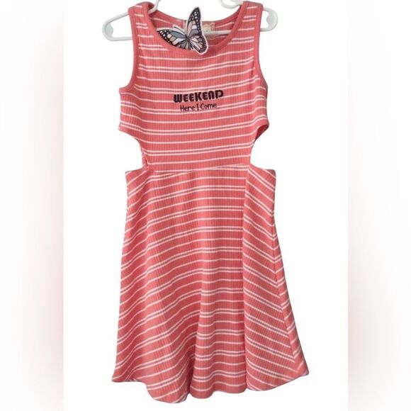 NWOT Btween Girls Girls Coral Stripes Side Cut Out Sleeveless Dress - Size 12 - Picture 1 of 5